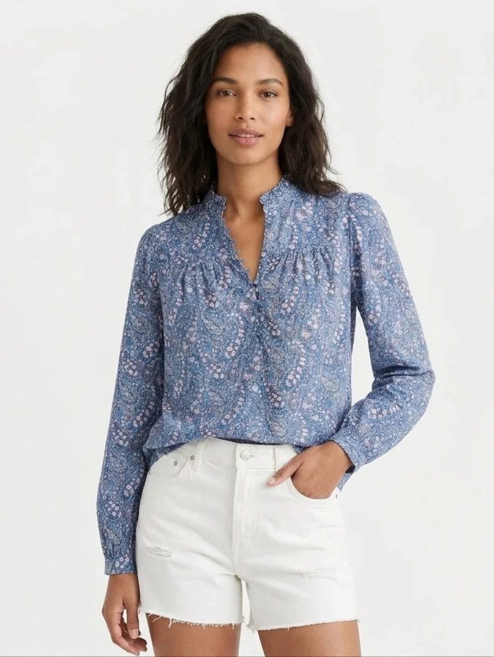 NWT J. Crew Liberty Blue Paisley Floral Button-Front Popover Blouse Cotton XXS